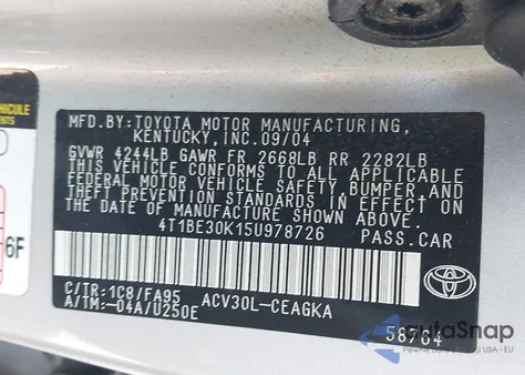 2005 Toyota Camry Xle from USA, damaged, VIN 4T1BE30K15U978726